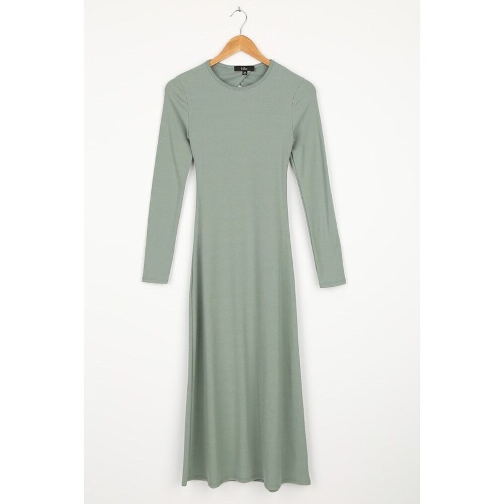 Lulus Being Modest Sage Green Ribbed Cutout Long Sleeve Midi Dress - Size M